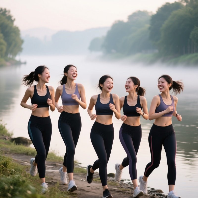 Photorealistic Group Sporty Women Morning Run River
