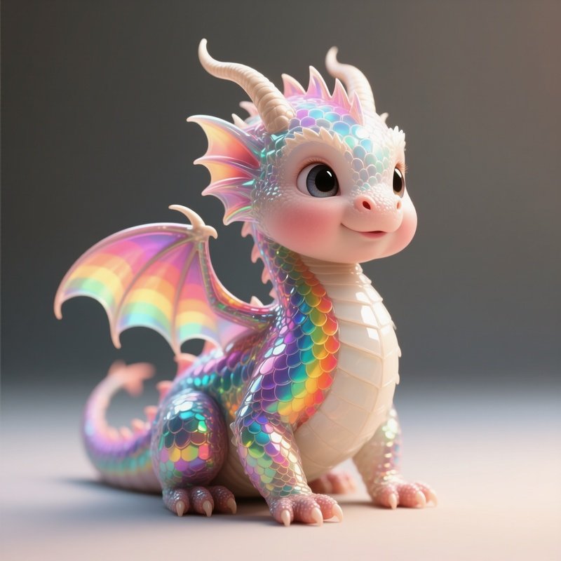 Photorealistic Image: A Baby Dragon With Translucent Rainbow Scales.