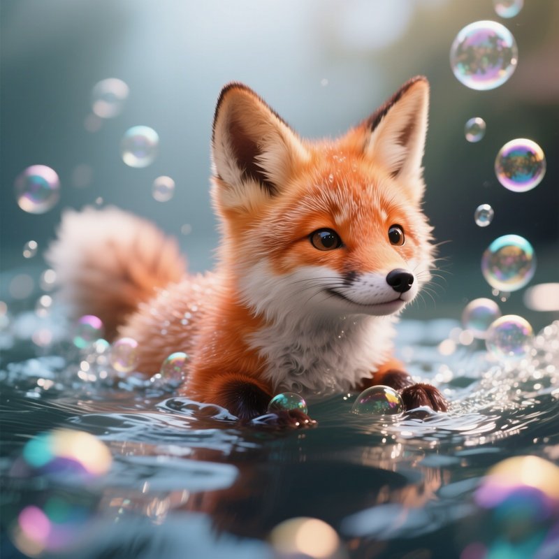 Photorealistic Image: A Baby Mer Fox Swimming Through Shimmering Bubbles.