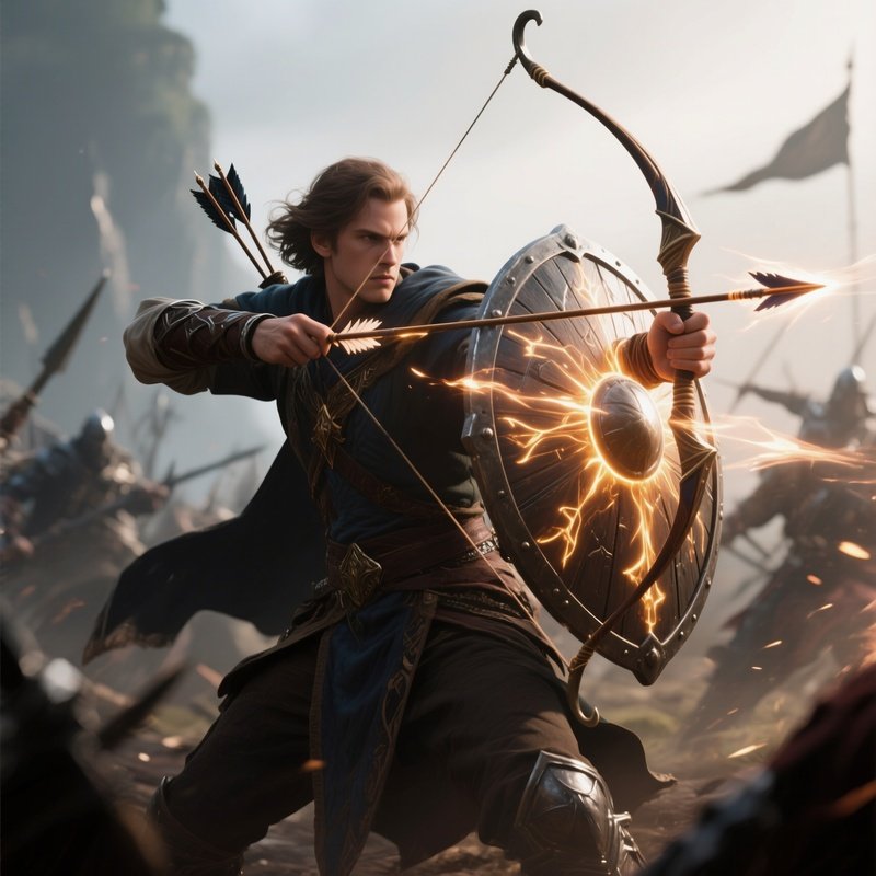 Photorealistic Image: A Battle Enchanter Deflecting Arrows With A Glowing Shield.