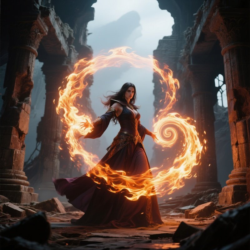 Photorealistic Image: A Battle Sorceress Casting Fire Spirals In A Ruined Temple.
