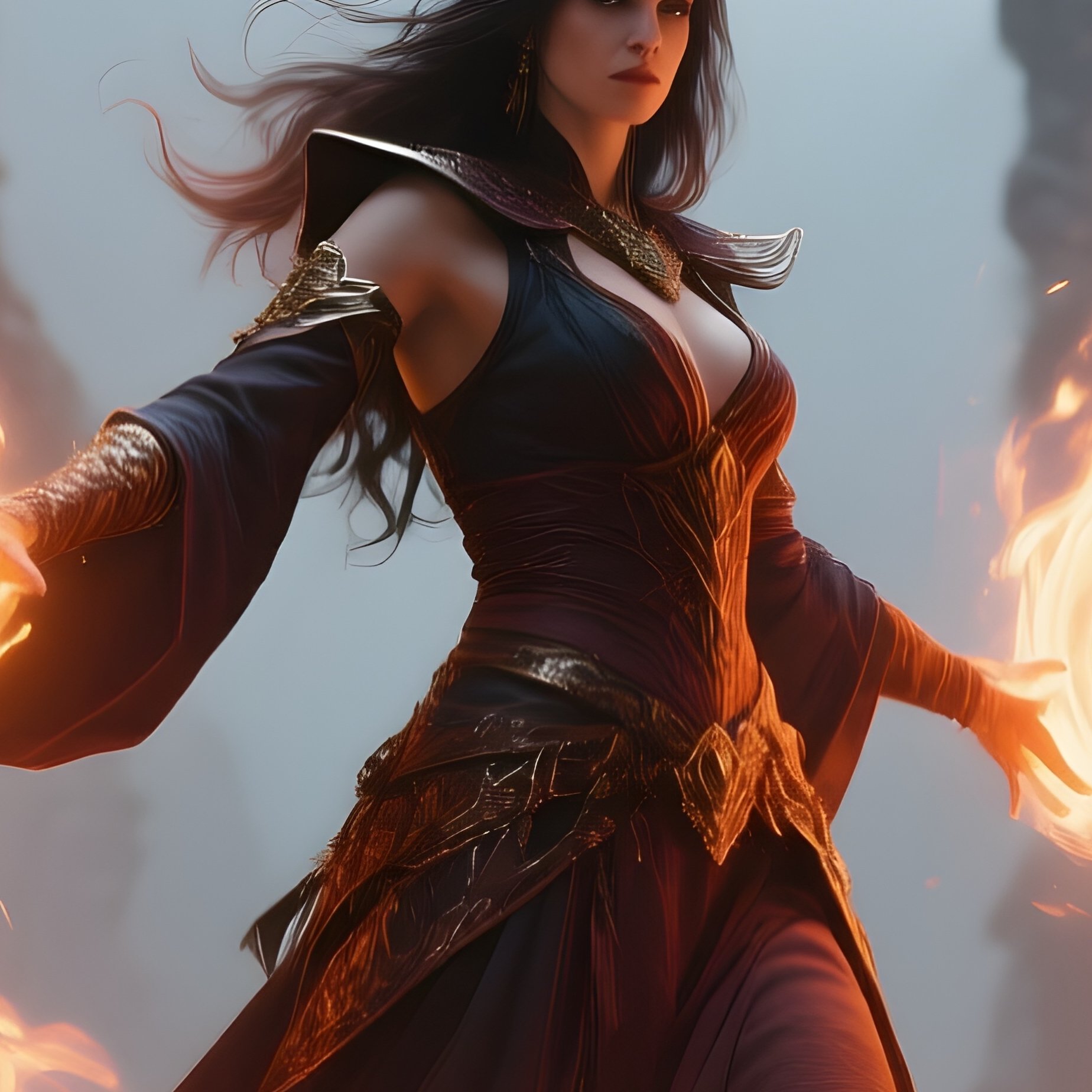 Photorealistic Image: A Battle Sorceress Casting Fire Spirals In A Ruined Temple. - Full Resolution Quality Preview