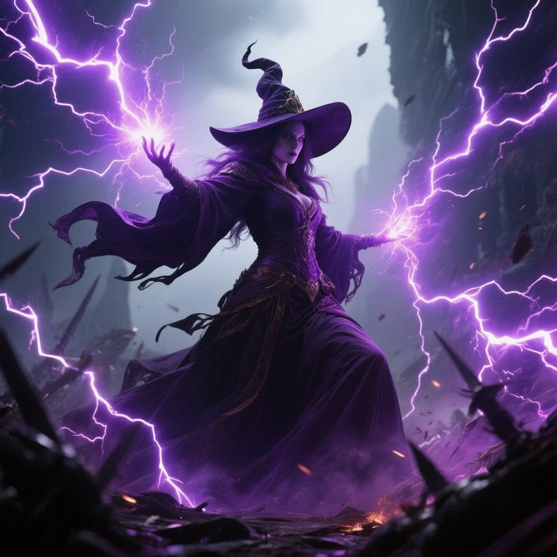 Photorealistic Image: A Battle Witch Summoning Violet Lightning Bolts.