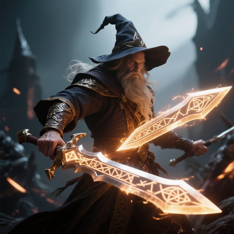 Photorealistic Image: A Battle Wizard Wielding Dual Glowing Runeblades.