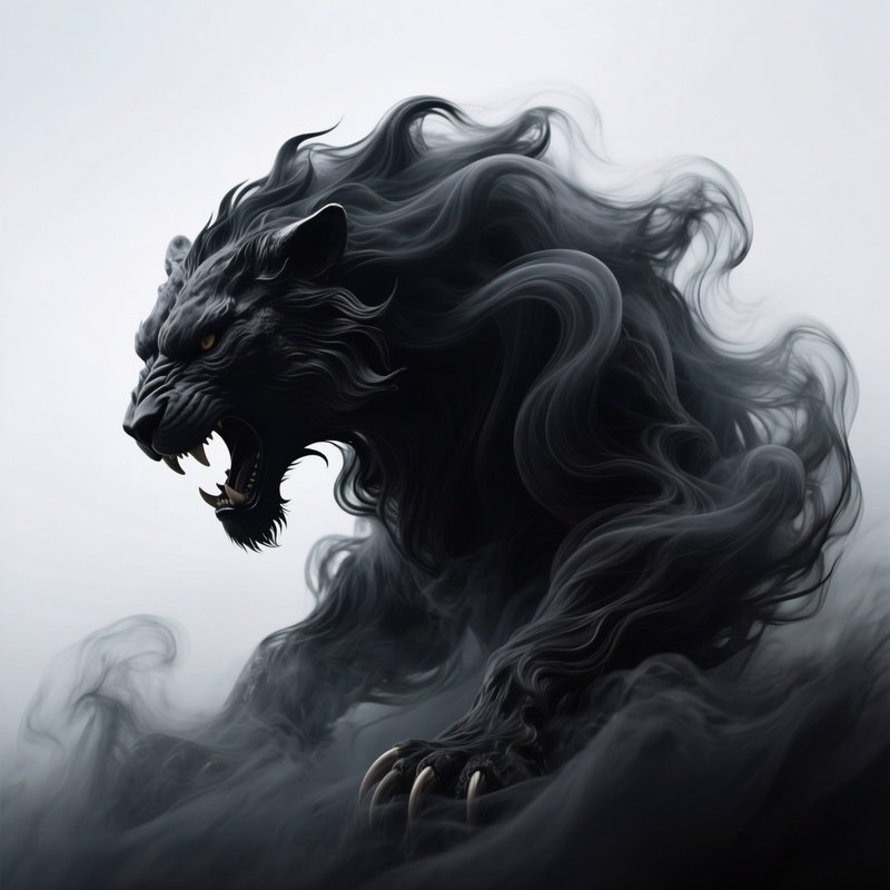 Photorealistic Image: A Beast Formed Entirely Of Swirling Black Mist.