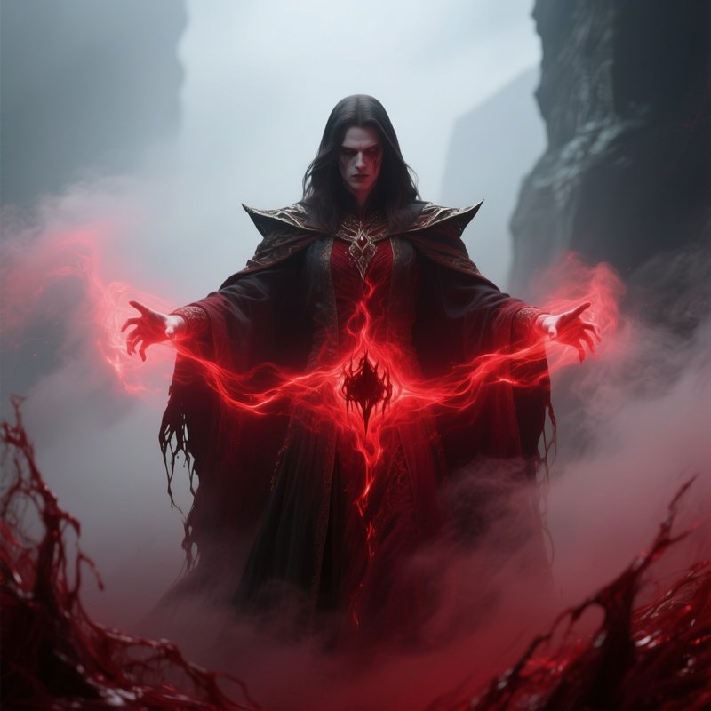 Photorealistic Image: A Blood Mage Channeling Red Mist Energy Safely.