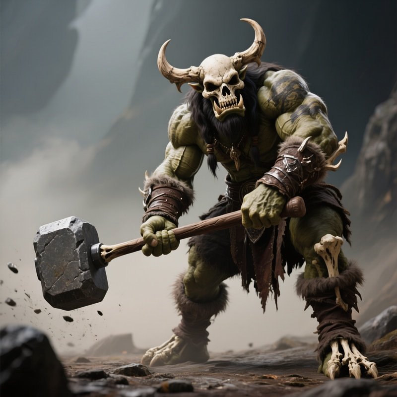Photorealistic Image: A Bone Brute Minotaur Dragging A Stone Hammer.