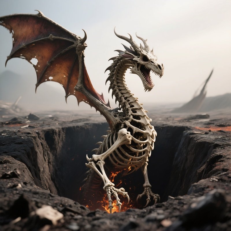 Photorealistic Image: A Bone Dragon Rising From A Pit Of Ash.