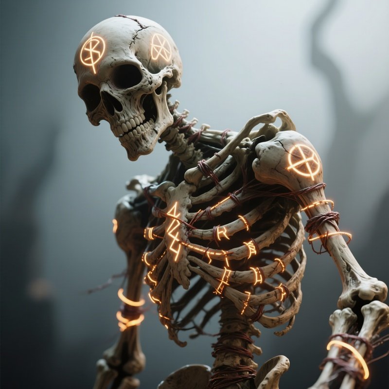 Photorealistic Image: A Bone Golem Stitched With Glowing Runes.