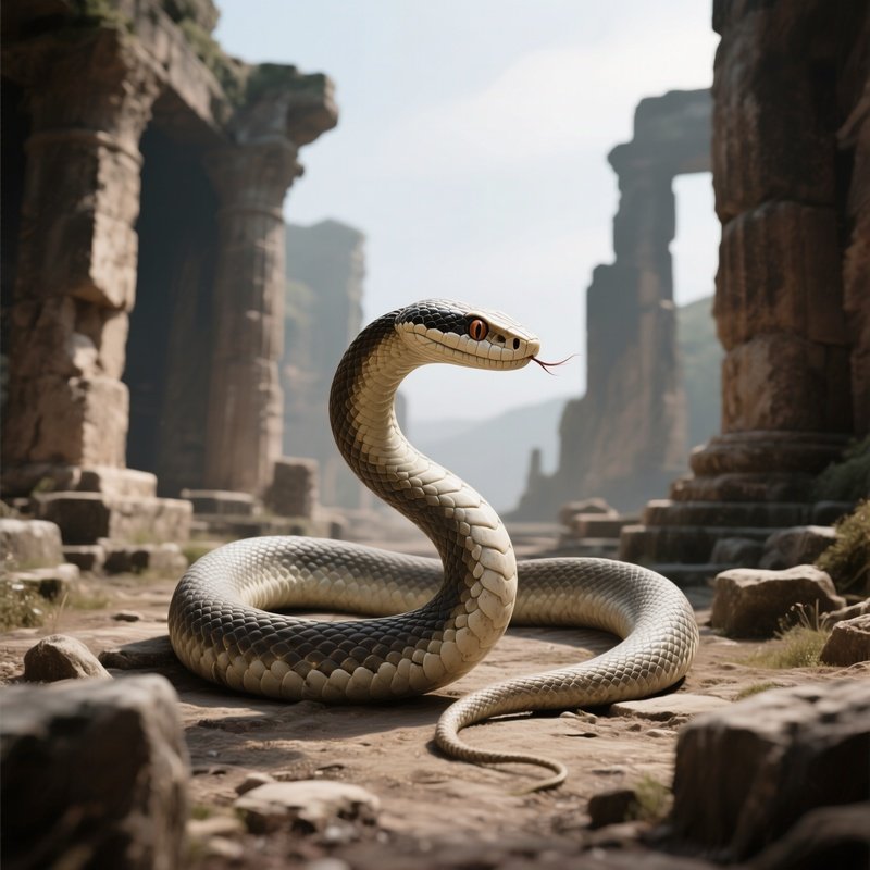 Photorealistic Image: A Bone Serpent Slithering Around Ancient Ruins.