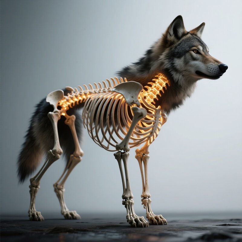 Photorealistic Image: A Bone Wolf With Glowing Ribs And Spine.