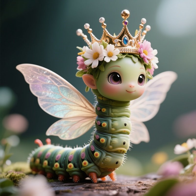 Photorealistic Image: A Caterpillar Fairy Wearing A Crown Of Flowers.