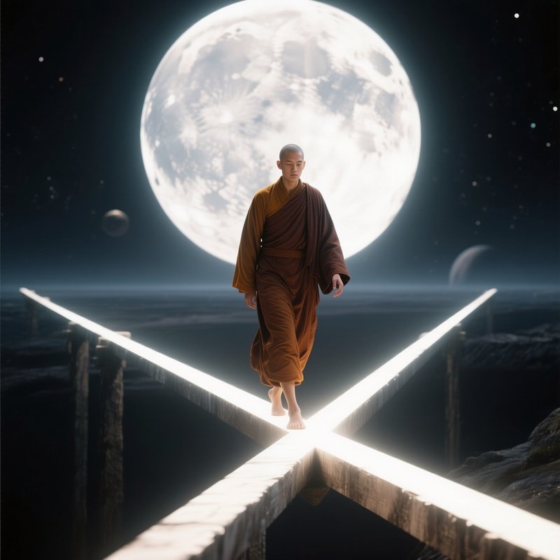 Photorealistic Image: A Celestial Monk Walking On Beams Of Moonlight.
