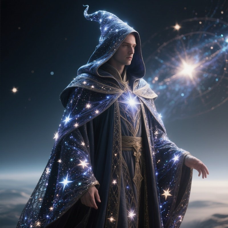 Photorealistic Image: A Celestial Wizard Wearing Robes Woven From Starlight.