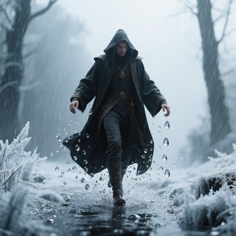 Photorealistic Image: A Chronomancer Stepping Through Frozen Raindrops.