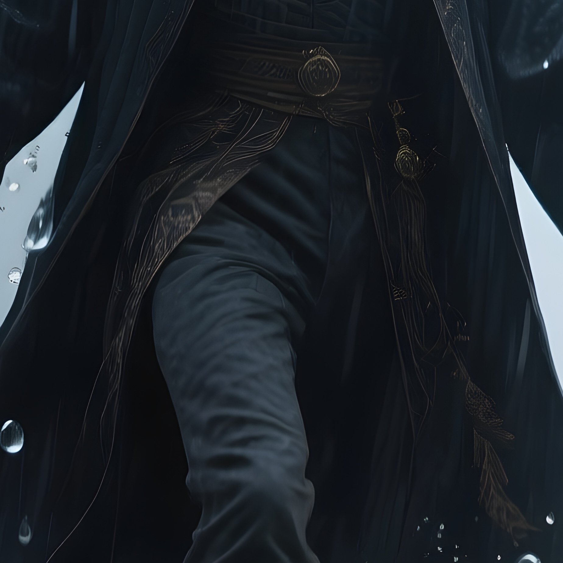 Photorealistic Image: A Chronomancer Stepping Through Frozen Raindrops. - Full Resolution Quality Preview