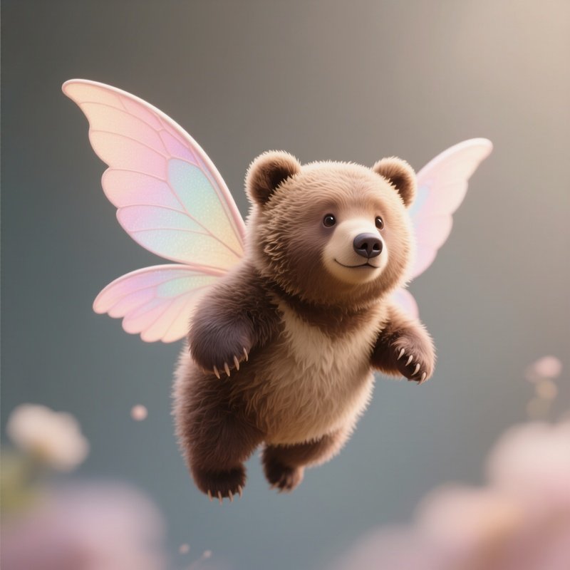Photorealistic Image: A Chubby Fairy Bear Cub Floating With Pastel Wings.