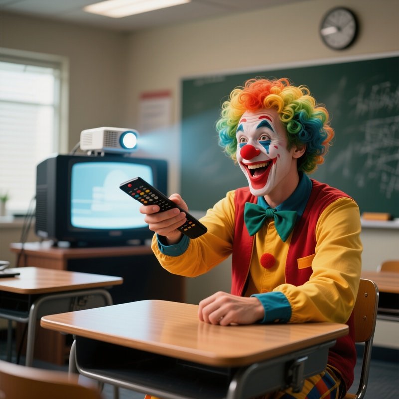Photorealistic Image: A Class Clown Pretending The Projector Remote Is A Tv Remote.