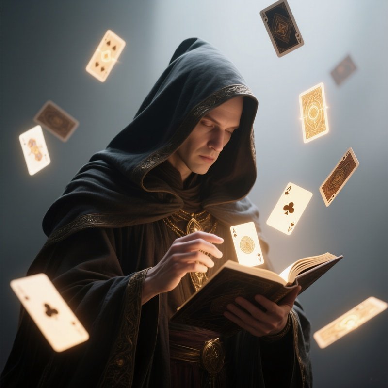 Photorealistic Image: A Cloaked Diviner Reading Floating Cards Of Light.