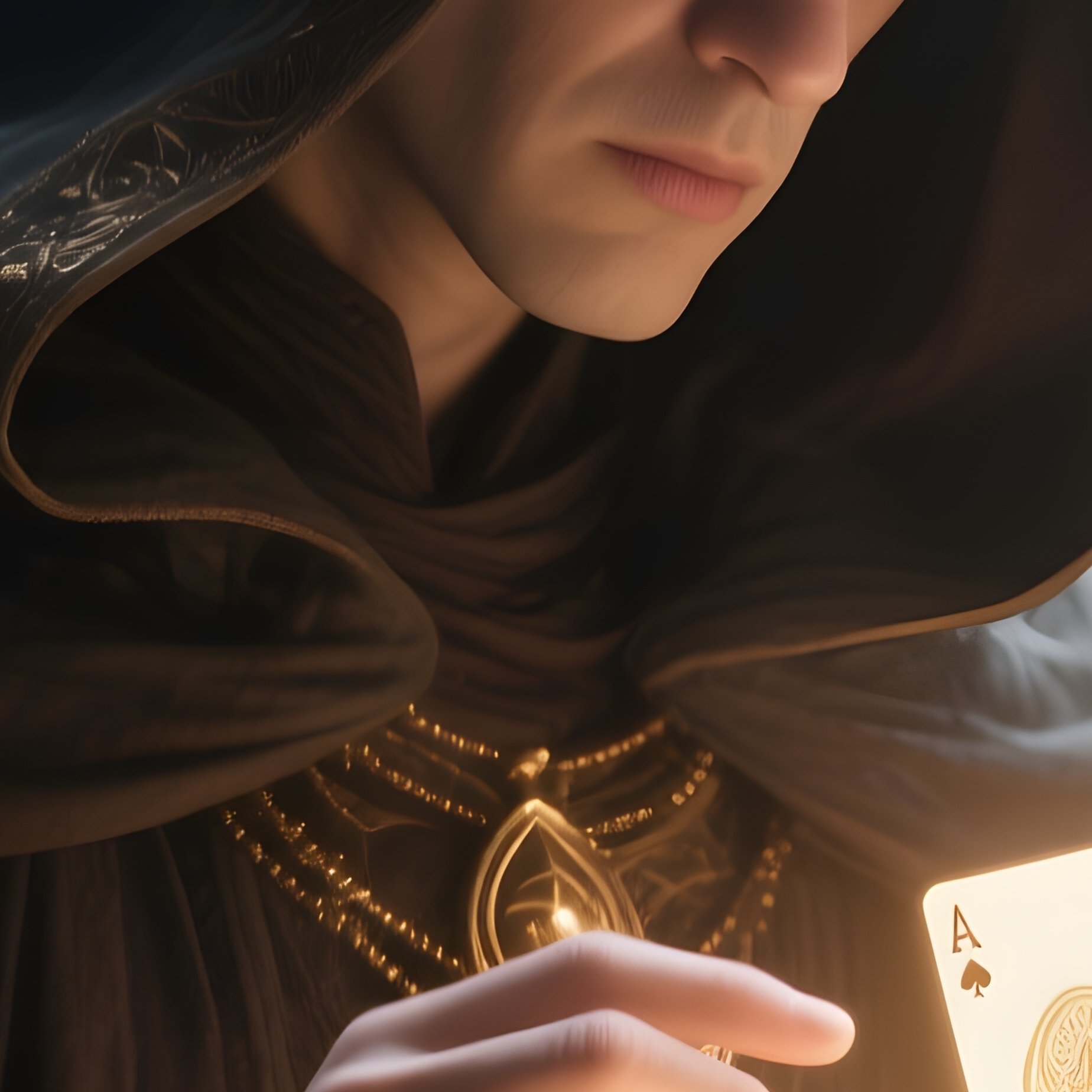 Photorealistic Image: A Cloaked Diviner Reading Floating Cards Of Light. - Full Resolution Quality Preview