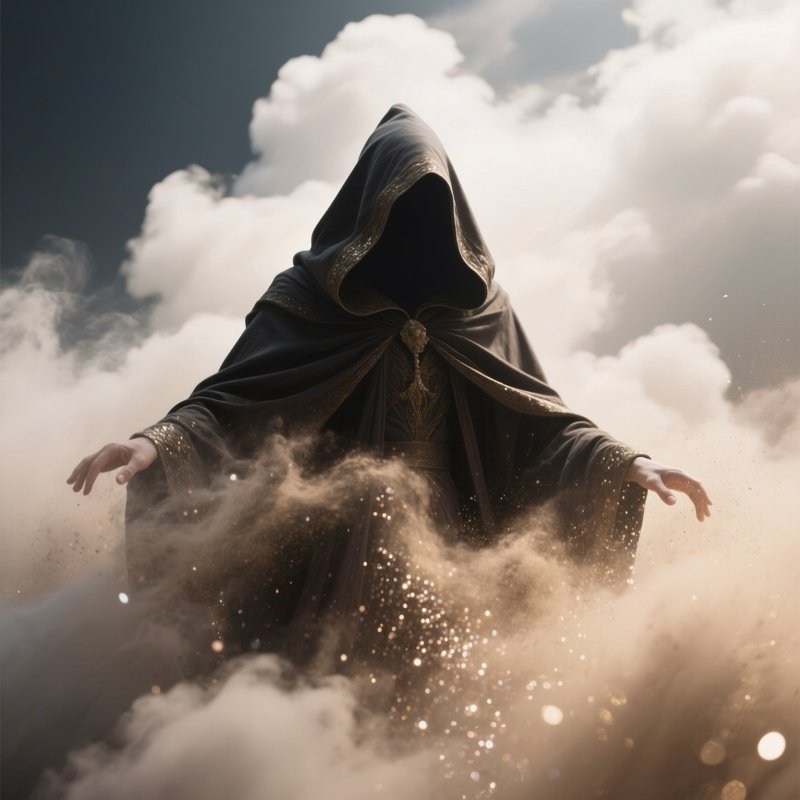 Photorealistic Image: A Cloaked Illusionist Vanishing Into A Cloud Of Shimmering Dust.