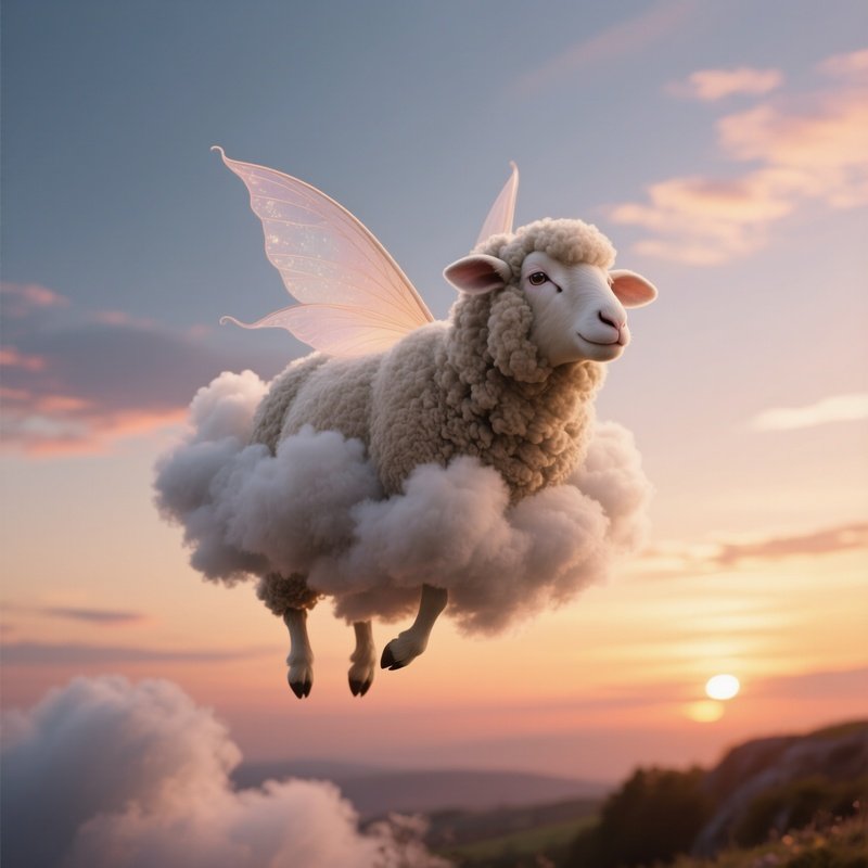 Photorealistic Image: A Cloud Sheep Fairy Drifting Like Fluff In The Sunset Sky.
