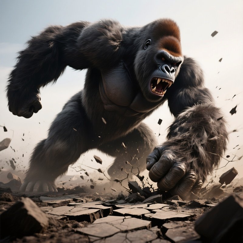 Photorealistic Image: A Colossal Demon Gorilla Pounding Cracked Earth.