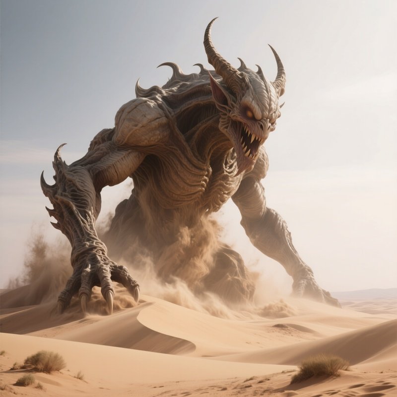 Photorealistic Image: A Colossal Sand Demon Rising From Dunes.