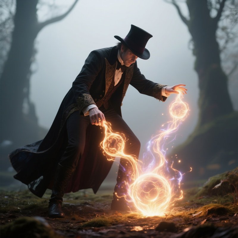 Photorealistic Image: A Conjurer Pulling Glowing Elementals From The Ground.