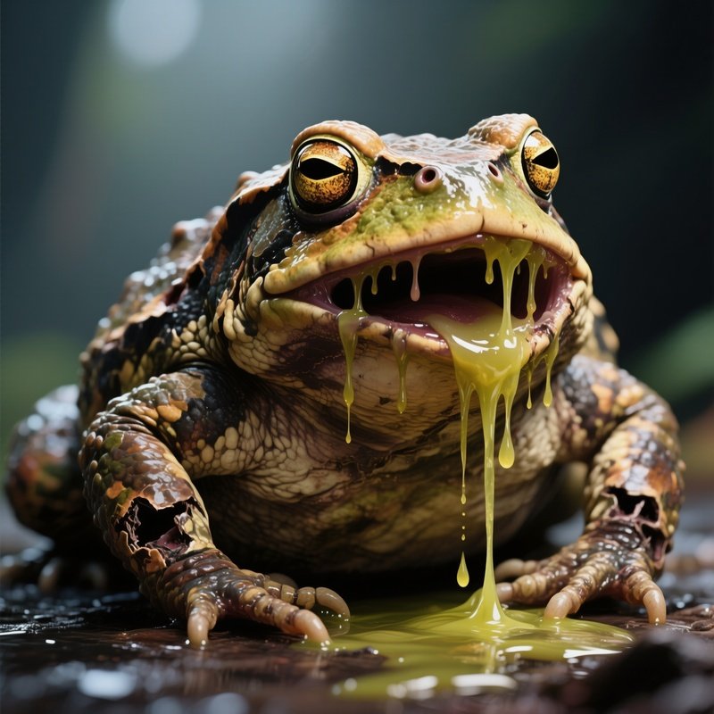 Photorealistic Image: A Corrupted Giant Toad Dripping Acid Saliva.