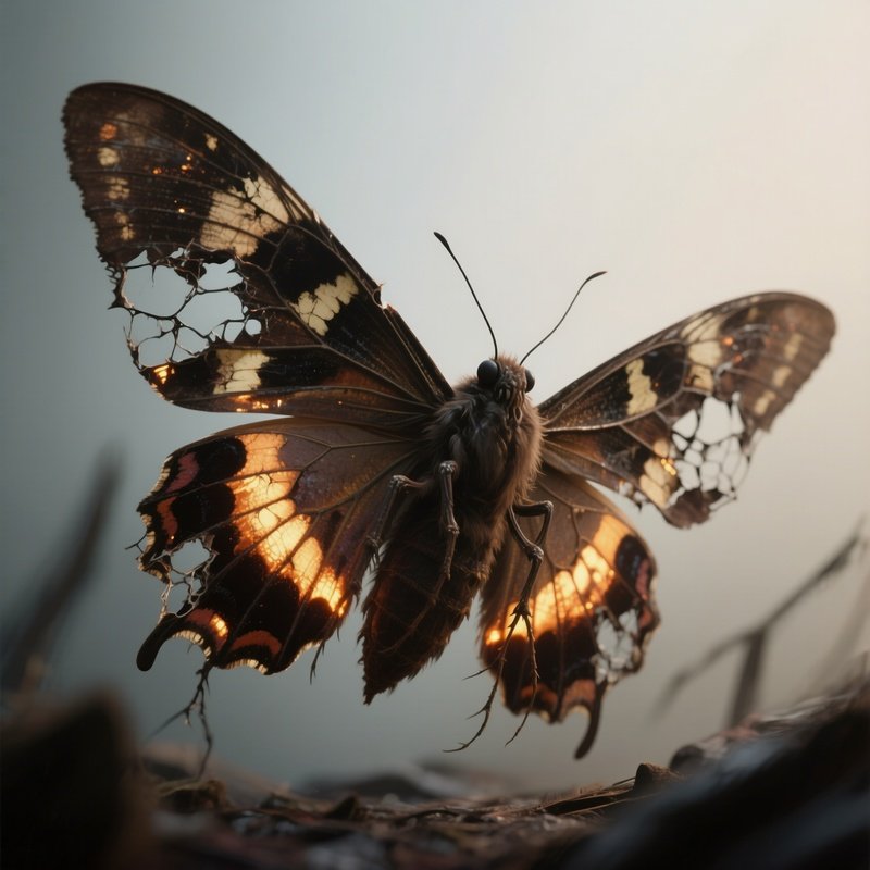 Photorealistic Image: A Corrupted Moth Creature With Torn Glowing Wings.