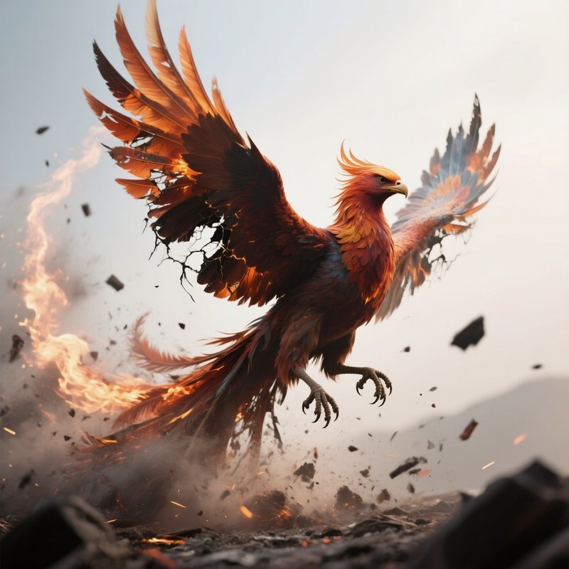 Photorealistic Image: A Corrupted Phoenix Leaving Ash Trails Behind.