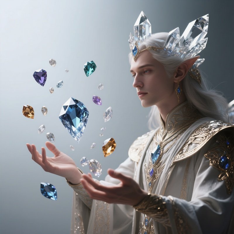 Photorealistic Image: A Crystal Mage Shaping Gemstones Out Of Thin Air.