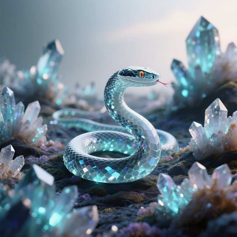 Photorealistic Image: A Crystal Serpent Slithering Across Glowing Geode Fields.