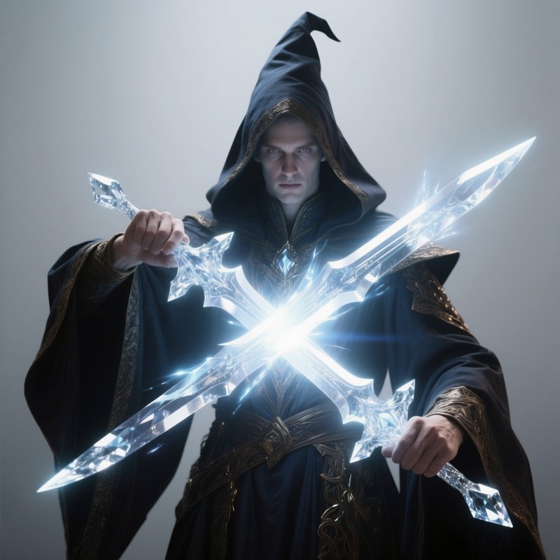 Photorealistic Image: A Crystal Wizard Shaping Blades Out Of Pure Light.