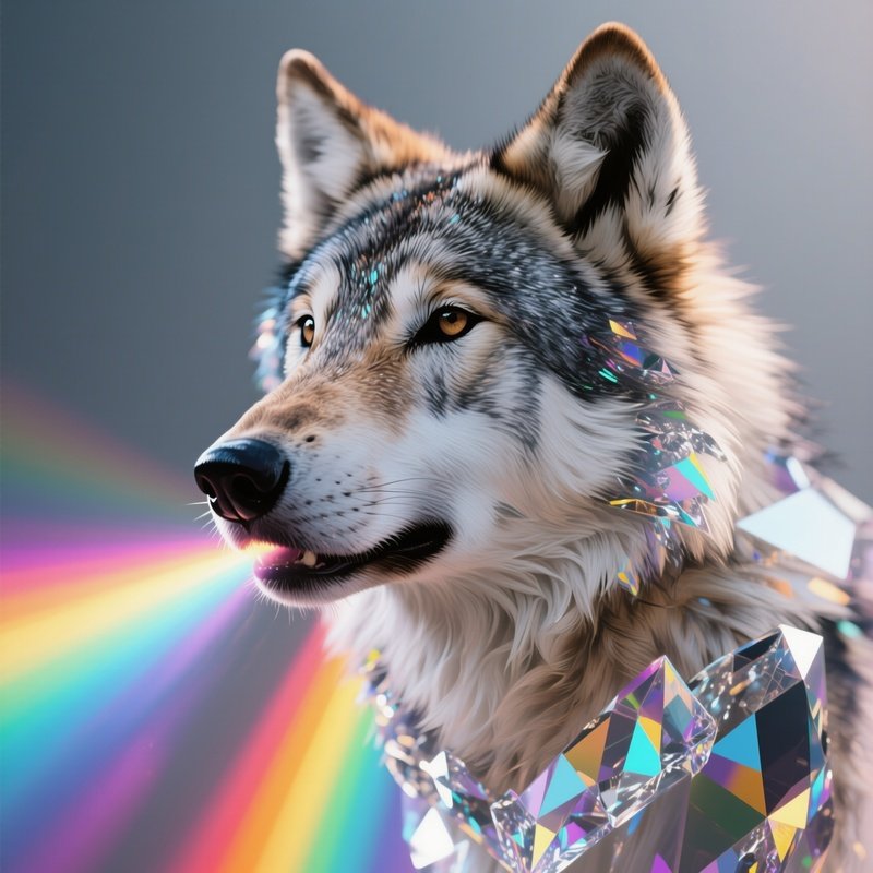 Photorealistic Image: A Crystal Wolf Radiating Rainbow Light With Every Breath.