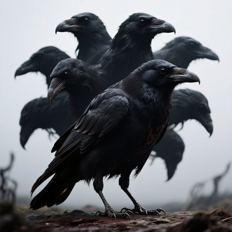 Photorealistic Image: A Cursed Crow With Multiple Shadowy Heads.