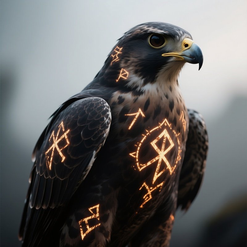 Photorealistic Image: A Cursed Falcon With Glowing Rune Markings.