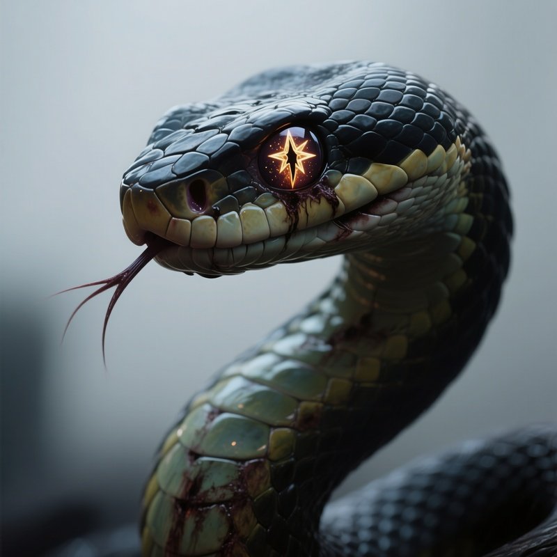 Photorealistic Image: A Cursed Serpent Whose Eyes Glow Like Dying Stars.