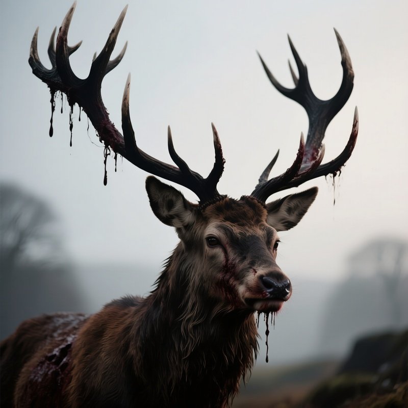 Photorealistic Image: A Cursed Stag With Bleeding Shadow Antlers.