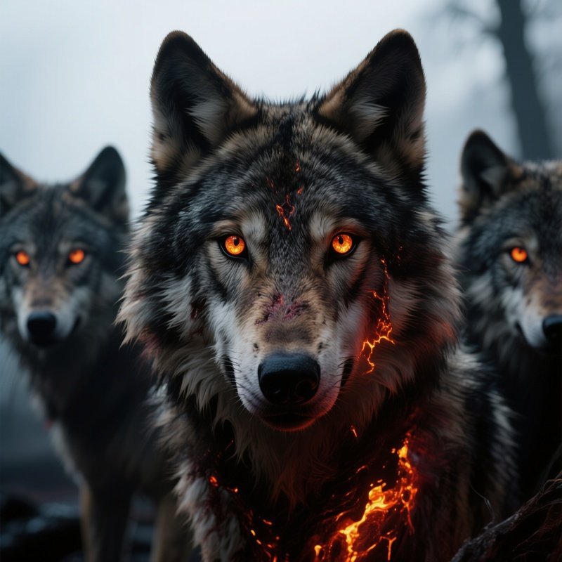 Photorealistic Image: A Cursed Wolf Pack With Glowing Molten Eyes.
