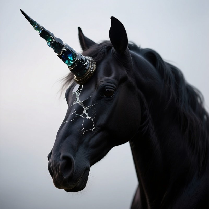 Photorealistic Image: A Dark Unicorn With A Cracked Obsidian Horn.