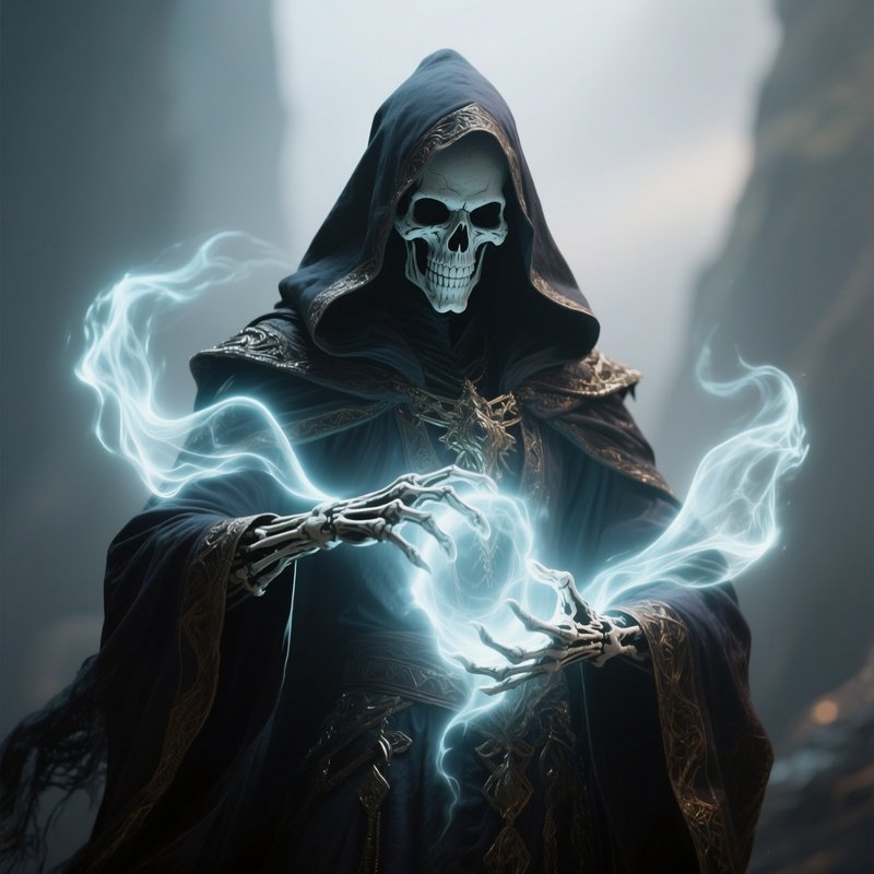Photorealistic Image: A Death Mage Safely Controlling Ghost Light Energy.