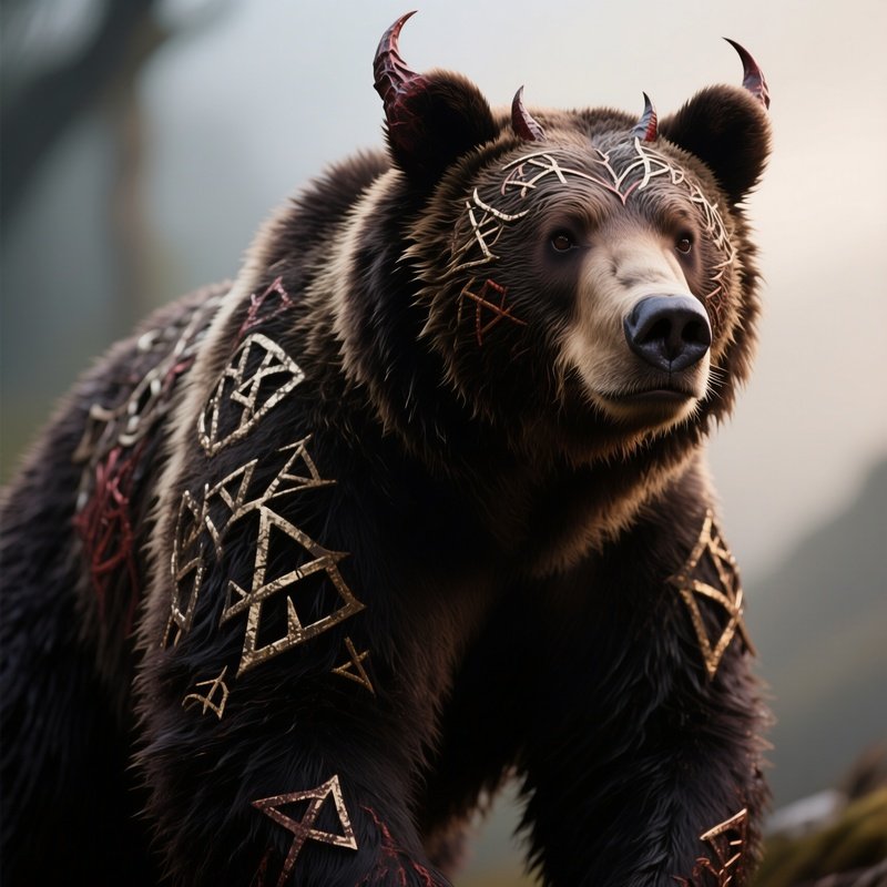 Photorealistic Image: A Demon Bear With Rune Covered Hide.