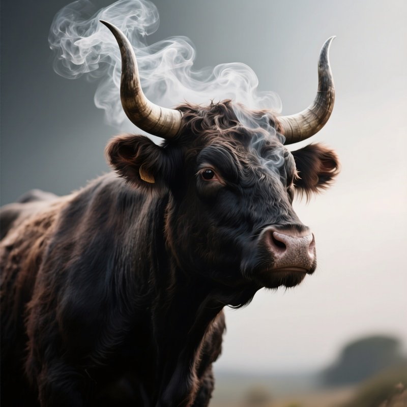 Photorealistic Image: A Demon Cow With Smoke Drifting Off Its Horns.
