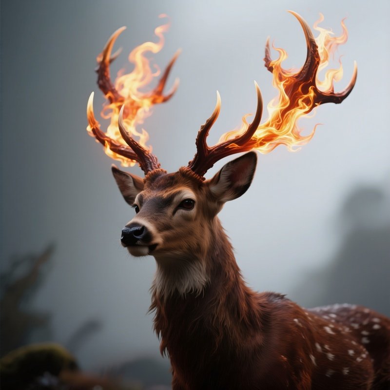 Photorealistic Image: A Demon Deer With Moving Flame Antlers.