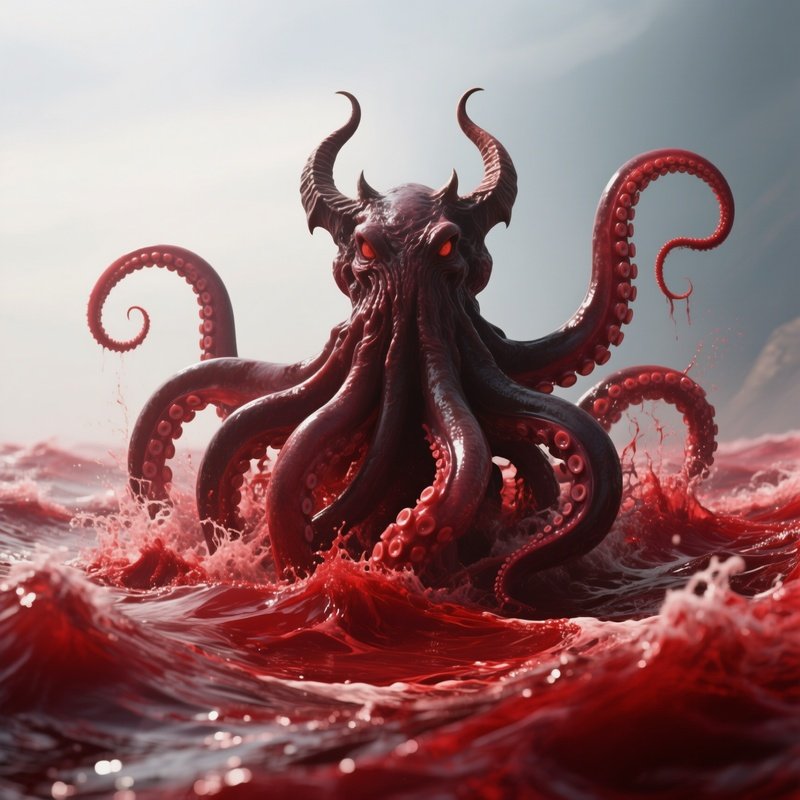 Photorealistic Image: A Demon Kraken Rising From Blood Red Tides.
