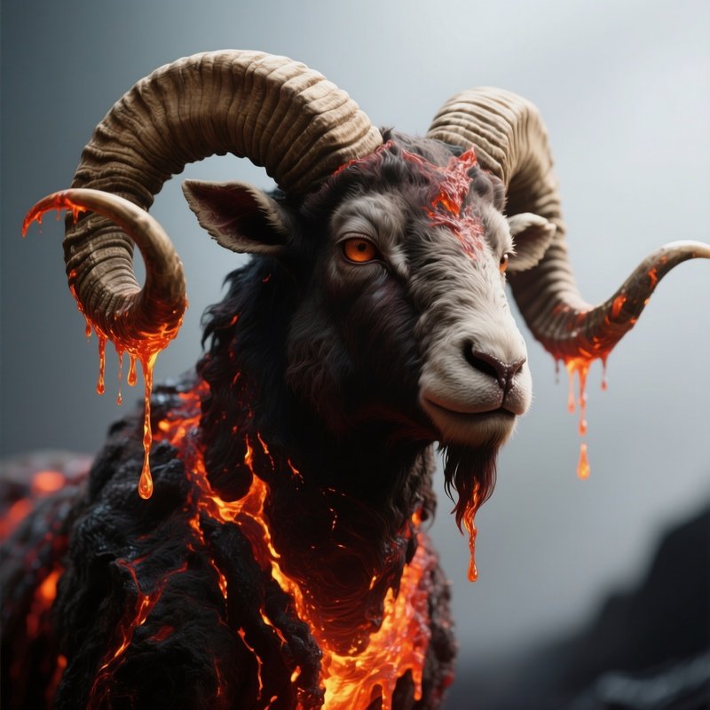 Photorealistic Image: A Demon Ram With Lava Dripping From Its Horns.
