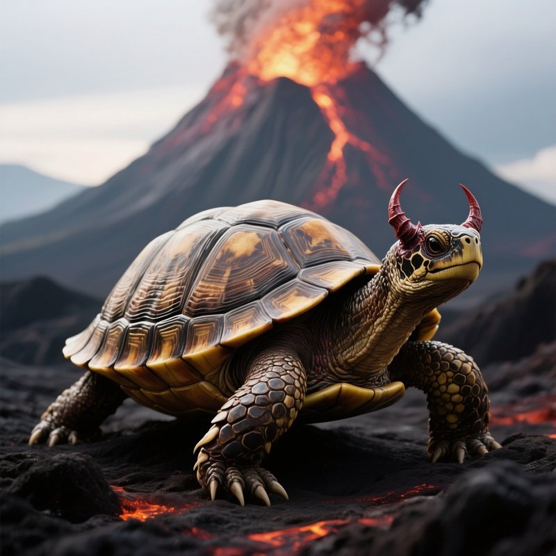 Photorealistic Image: A Demonic Turtle With A Volcanic Shell.
