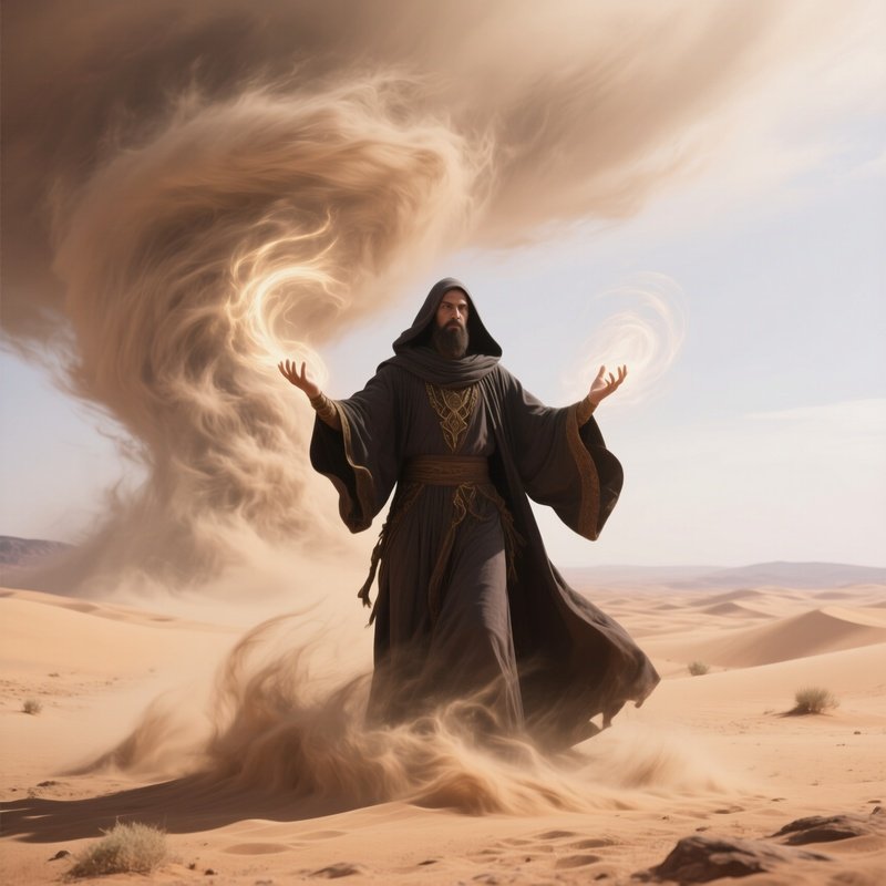 Photorealistic Image: A Desert Sorcerer Summoning Swirling Sandstorms.